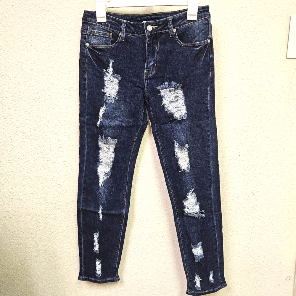 Davi & Dani - Distressed Dark Blue Women's Jeans - Small